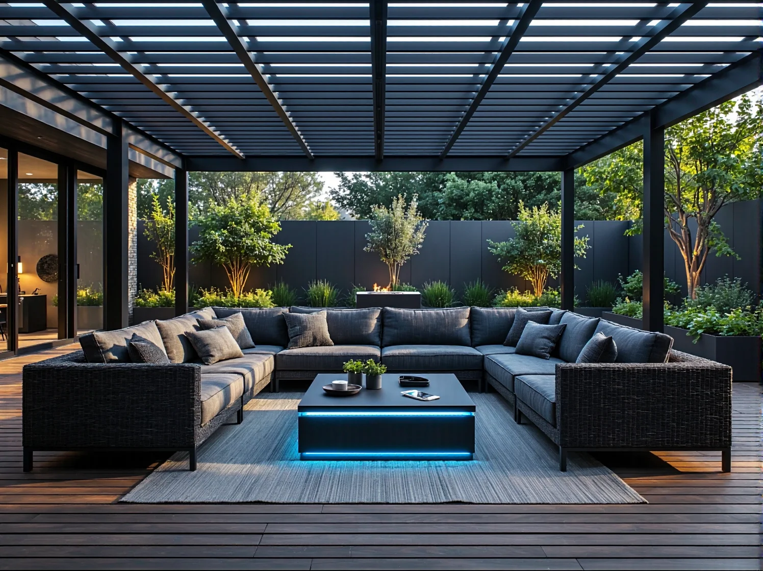 Narożnik ogrodowy grafitowy z poduszkami i stolikiem LED