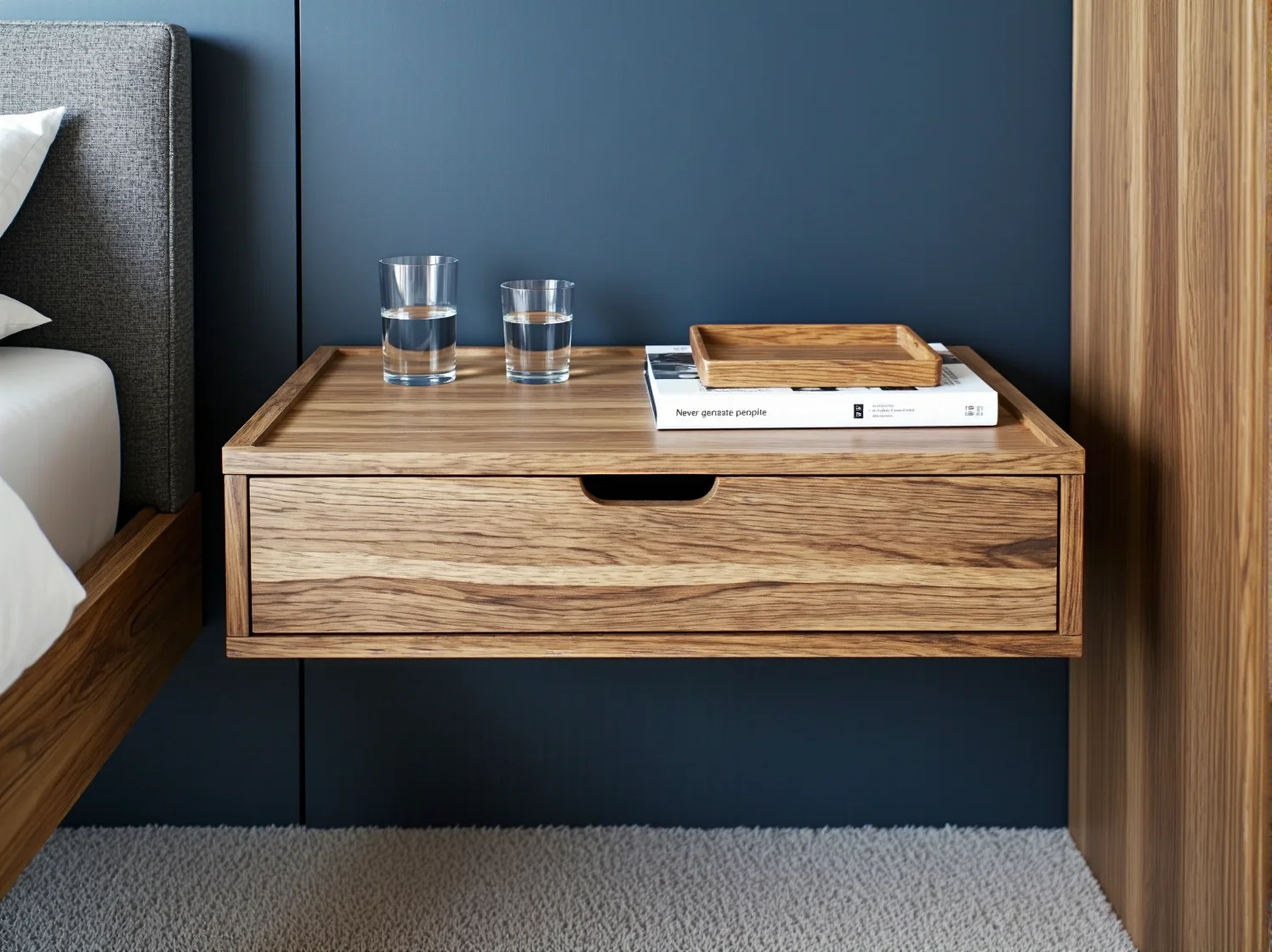 Nowoczesna, podwieszana szafka RTV w salonie, idealne rozwiązanie do małych i wąskich przestrzeni.