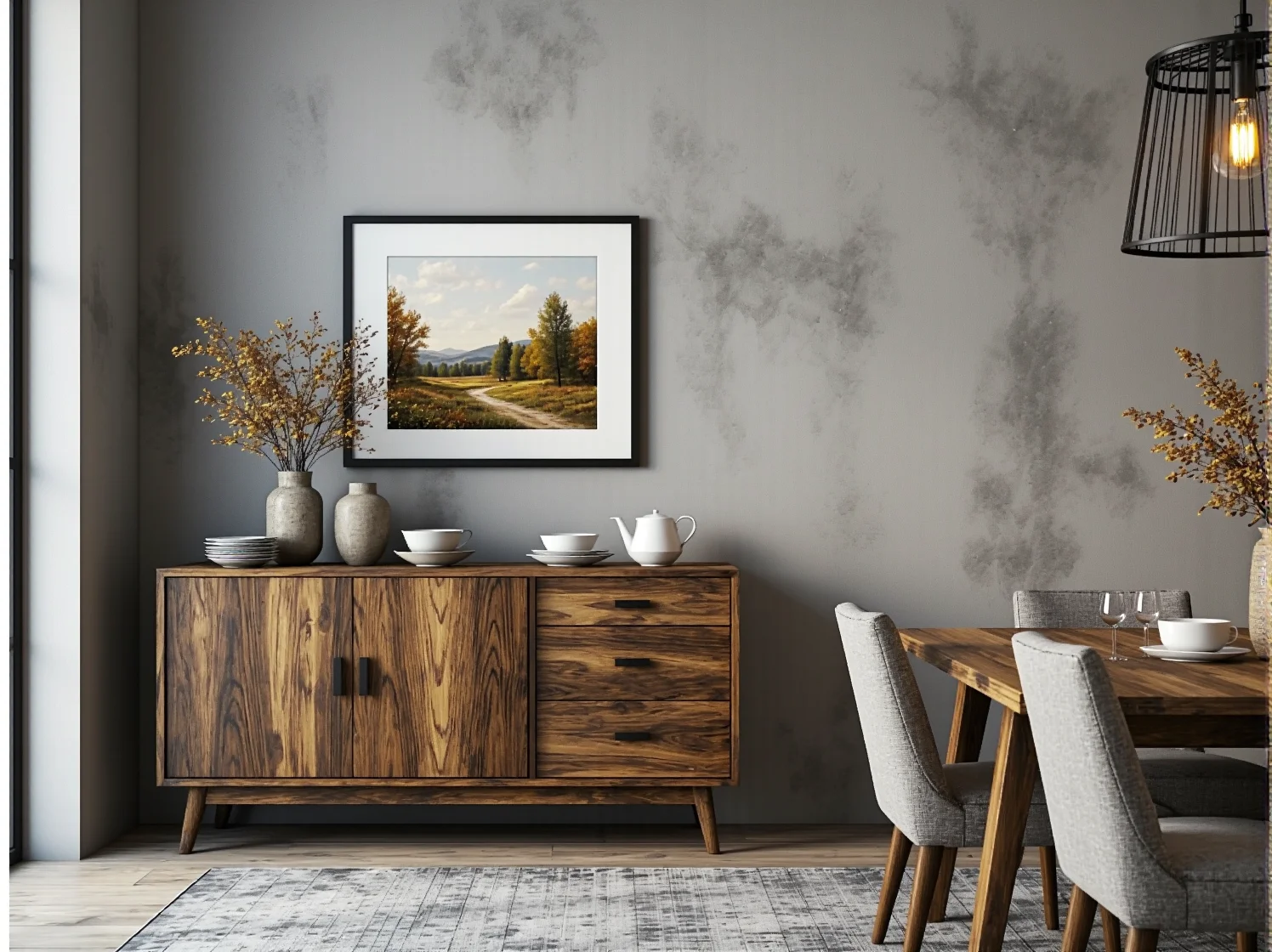 Ciepłe światło lampy wiszącej podkreśla urok drewnianych mebli i rustykalnych dodatków.