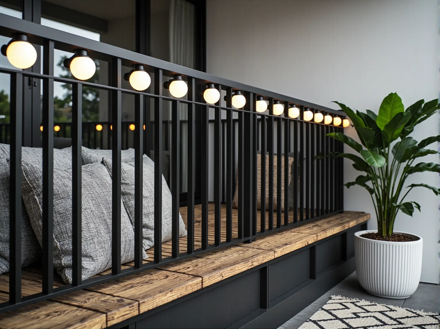 Detal oświetlenia balkonu: wiszące kule LED nad strefą relaksu z naturalnych materiałów.