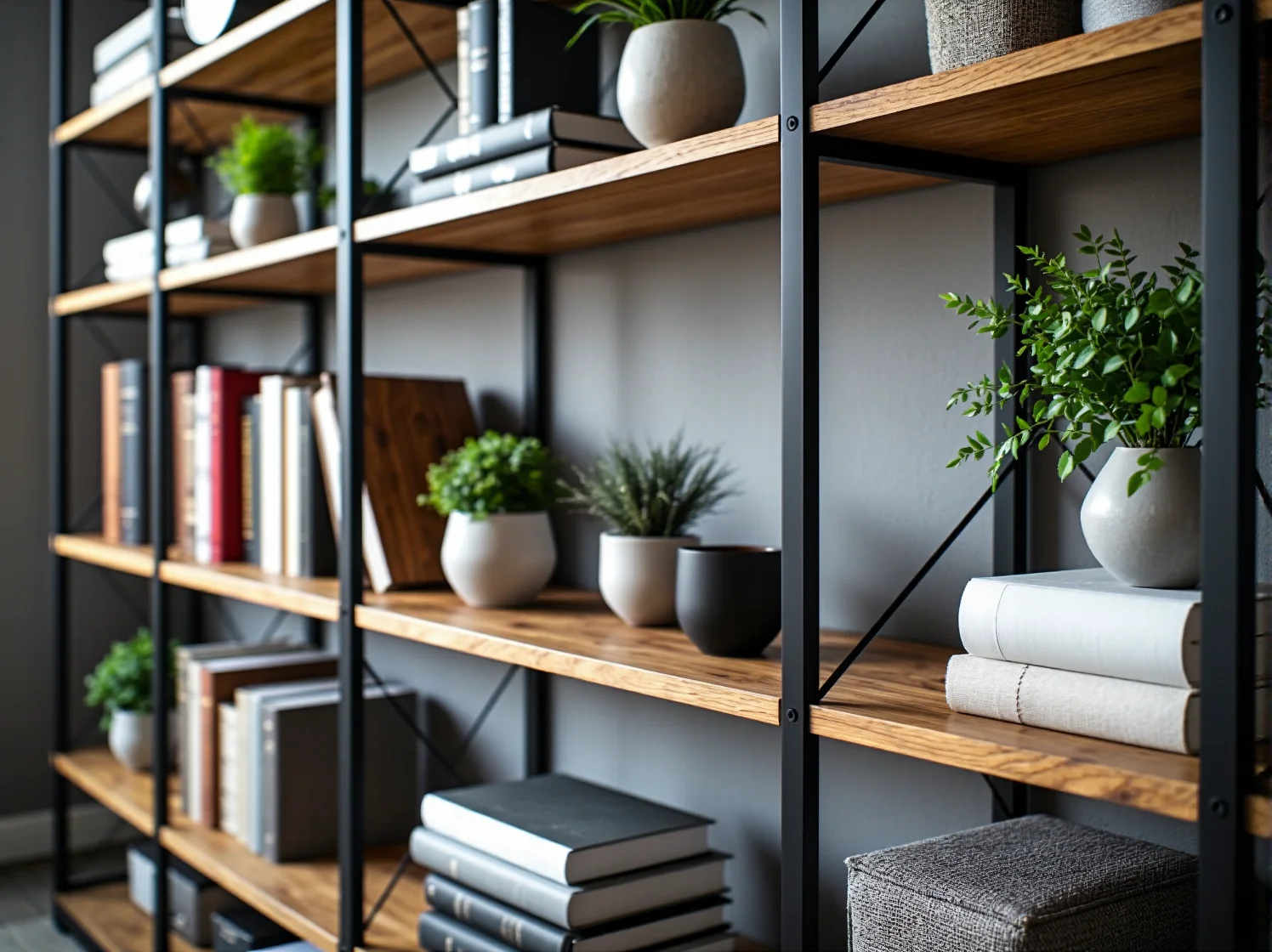 Połączenie ciepłego drewna dębowego i czarnego metalu w solidnym regale w stylu industrialnym.