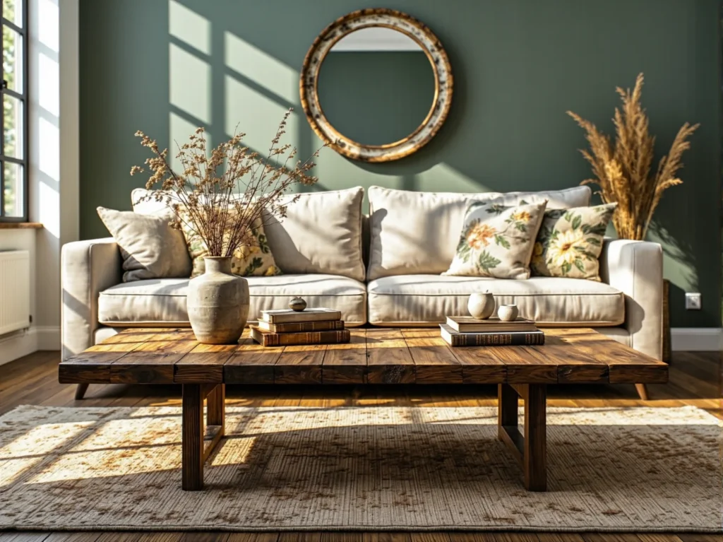 Beżowa sofa trzyosobowa z poduszkami dekoracyjnymi i drewniany stolik kawowy