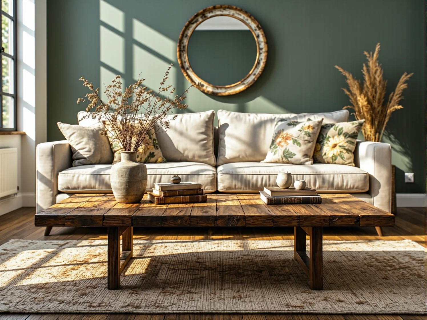 Beżowa sofa trzyosobowa z poduszkami dekoracyjnymi i drewniany stolik kawowy