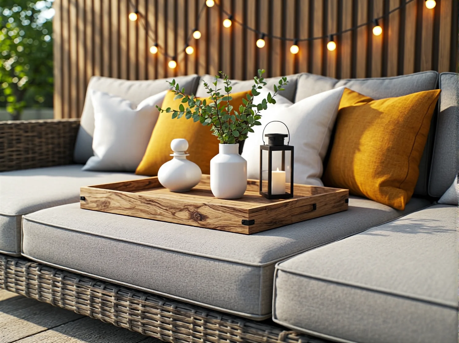 Wieczorna aranżacja skandynawskiego balkonu z nastrojowym oświetleniem w formie świetlnych kul.