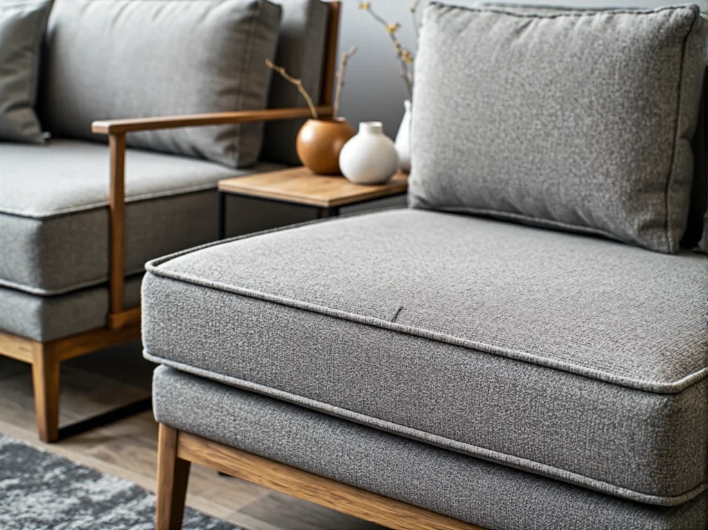 Szary komplet wypoczynkowy tapicerowany na drewnianych nogach