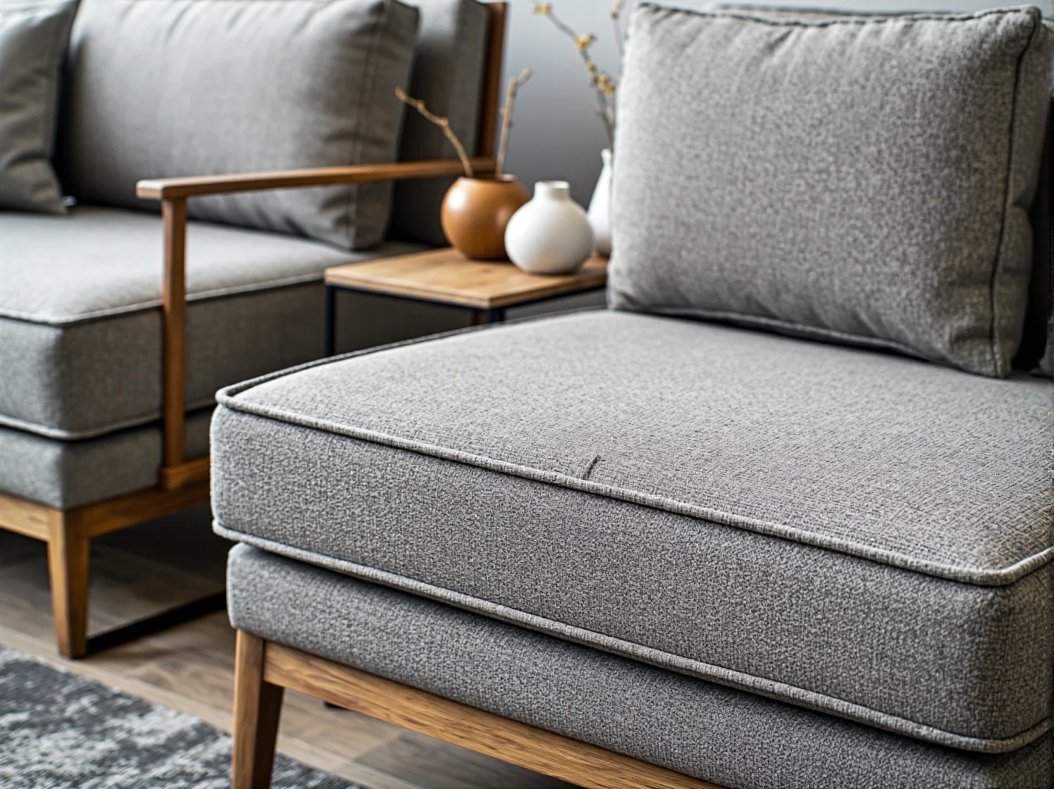 Szary komplet wypoczynkowy tapicerowany na drewnianych nogach