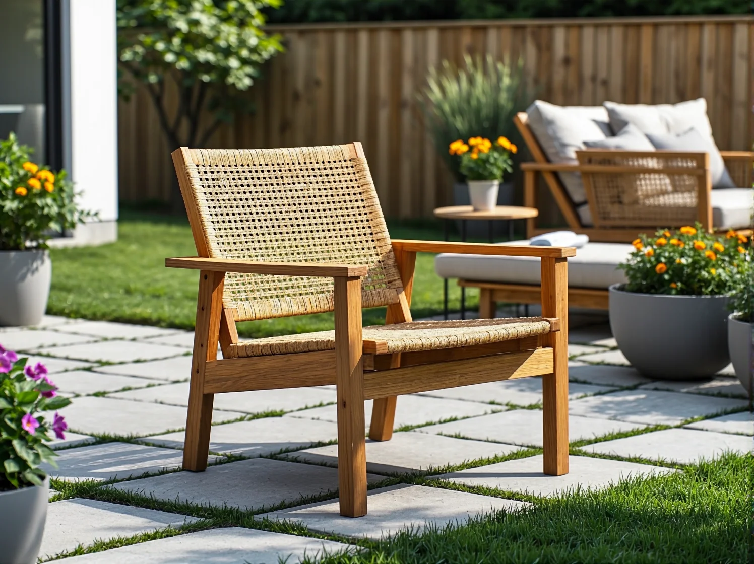Drewniane krzesło ogrodowe z plecionym rattanowym siedziskiem i oparciem