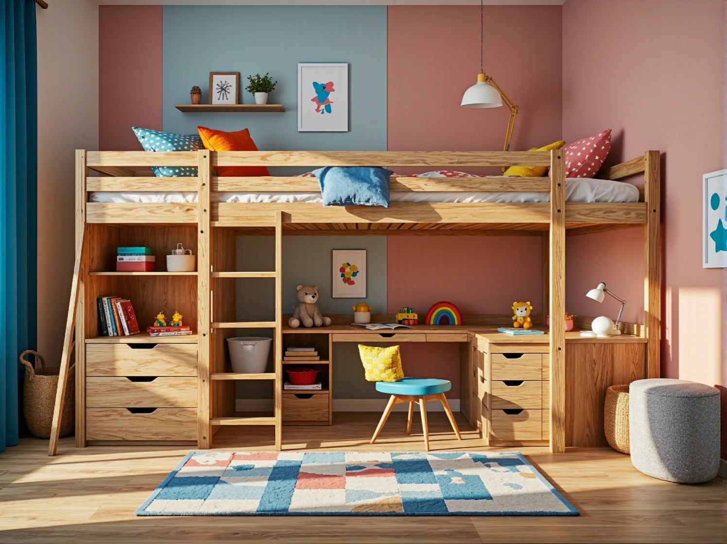 Sosnowe łóżko na antresoli z biurkiem i szufladami pod spodem