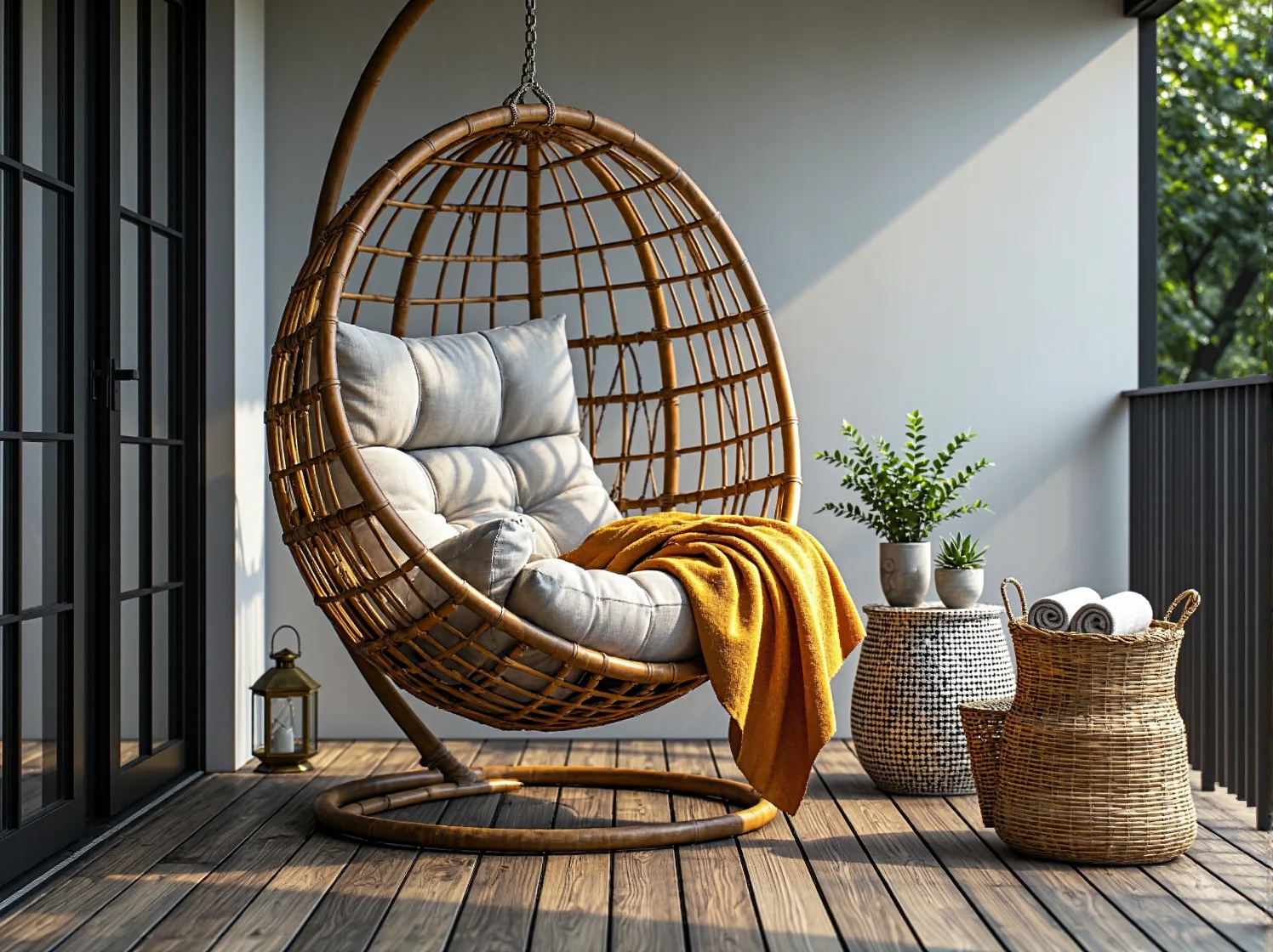 Meble outdoorowe z naturalnego rattanu z poduszkami na małym balkonie boho