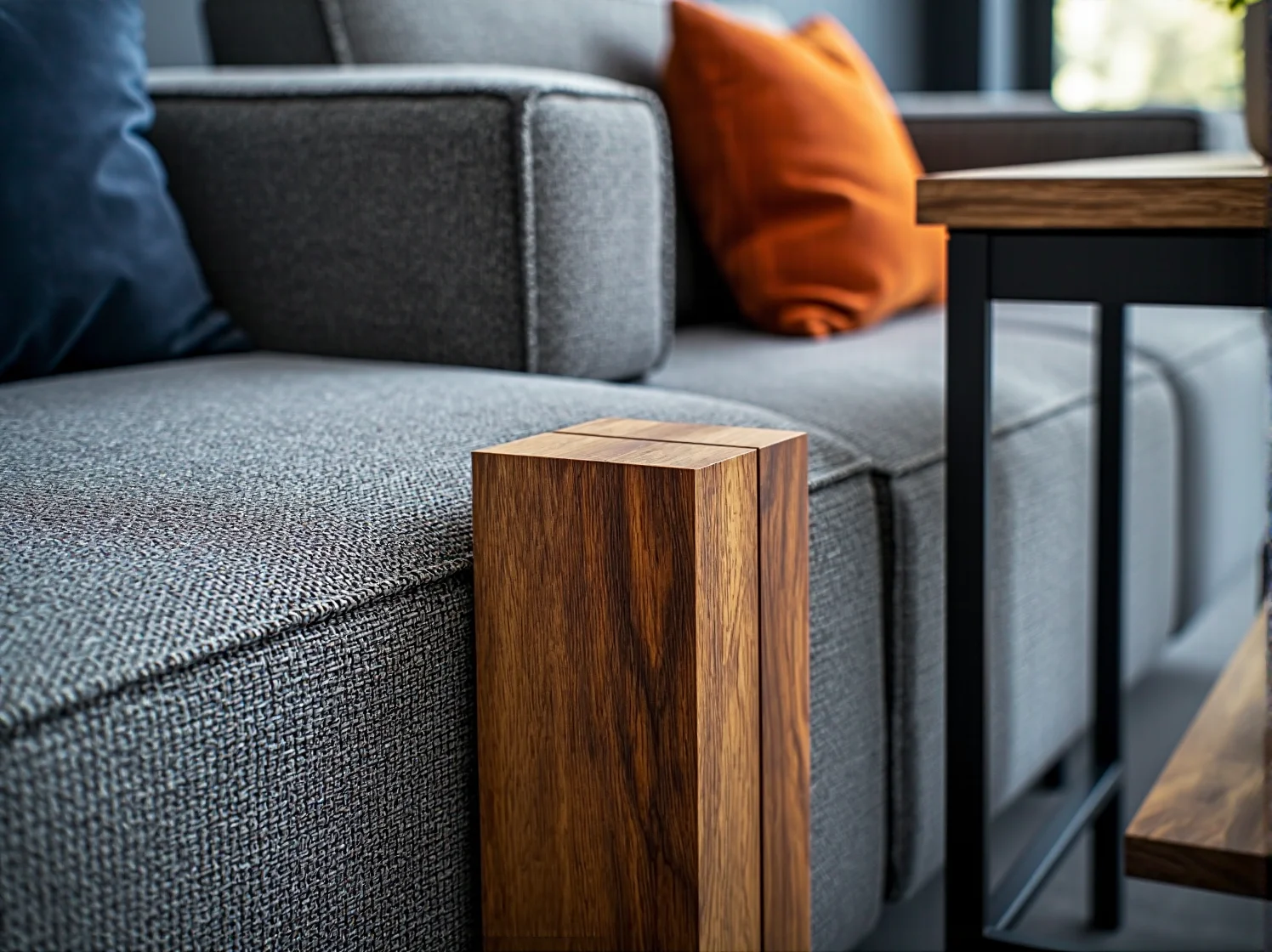 Szara sofa narożna z drewnianym podłokietnikiem w kolorze orzecha