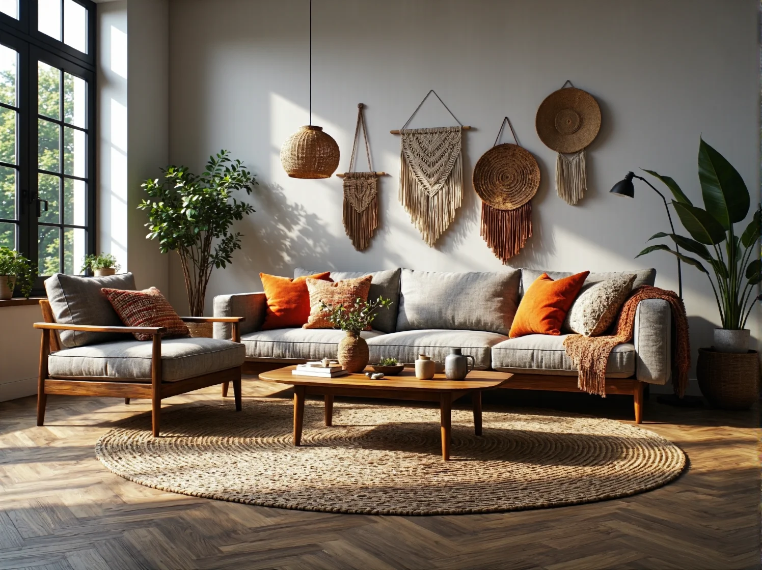 Szary komplet wypoczynkowy z drewnianym stelażem i poduszkami