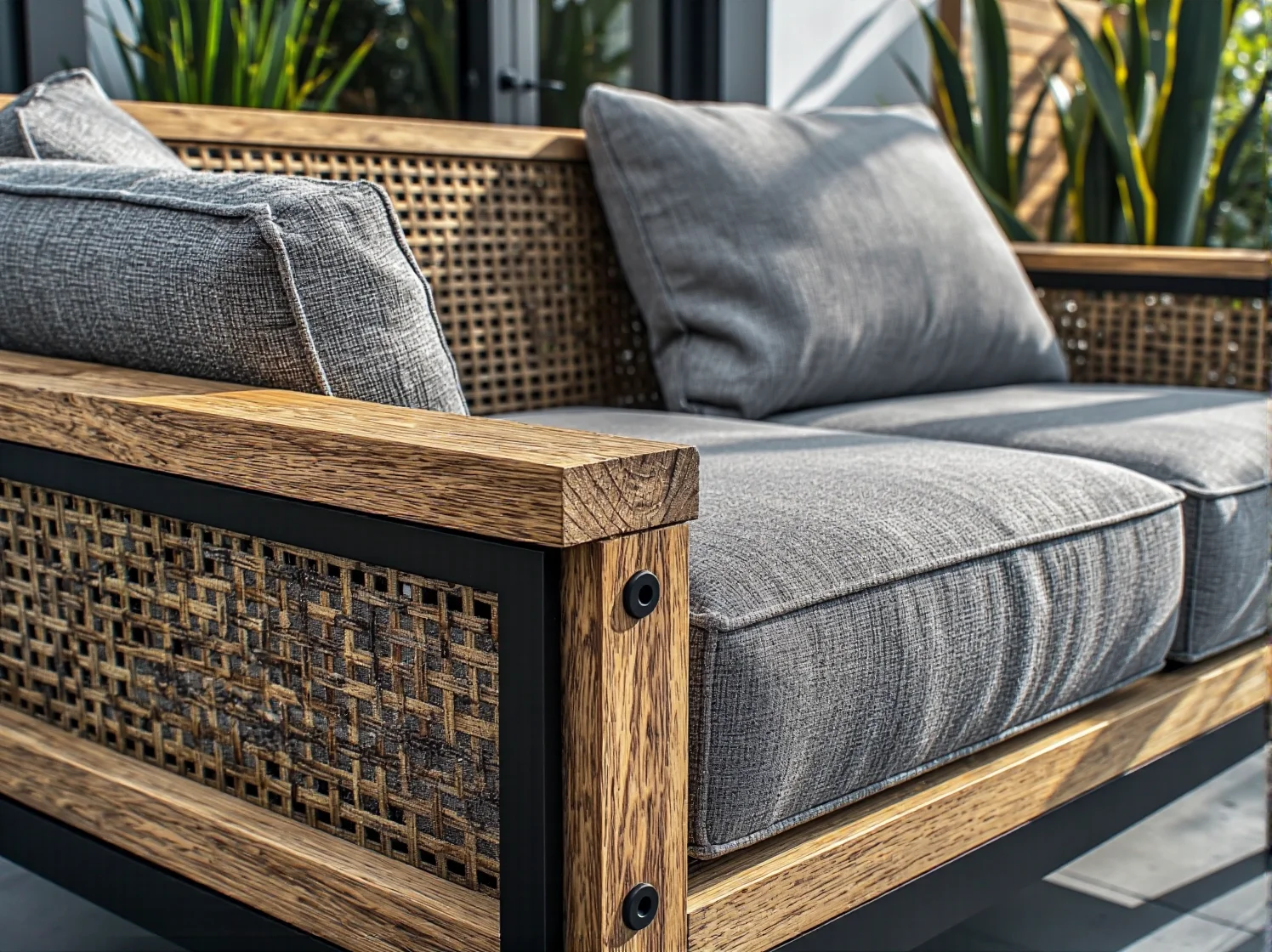 Mały balkon w bloku z ergonomicznymi meblami i wiszącymi doniczkami.