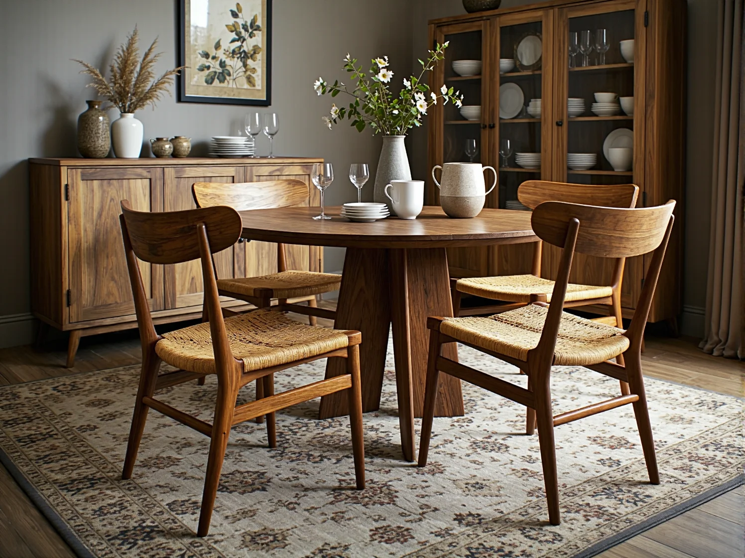 Masywny stół z litego drewna jako centrum jadalni premium w stylu rustykalnym.