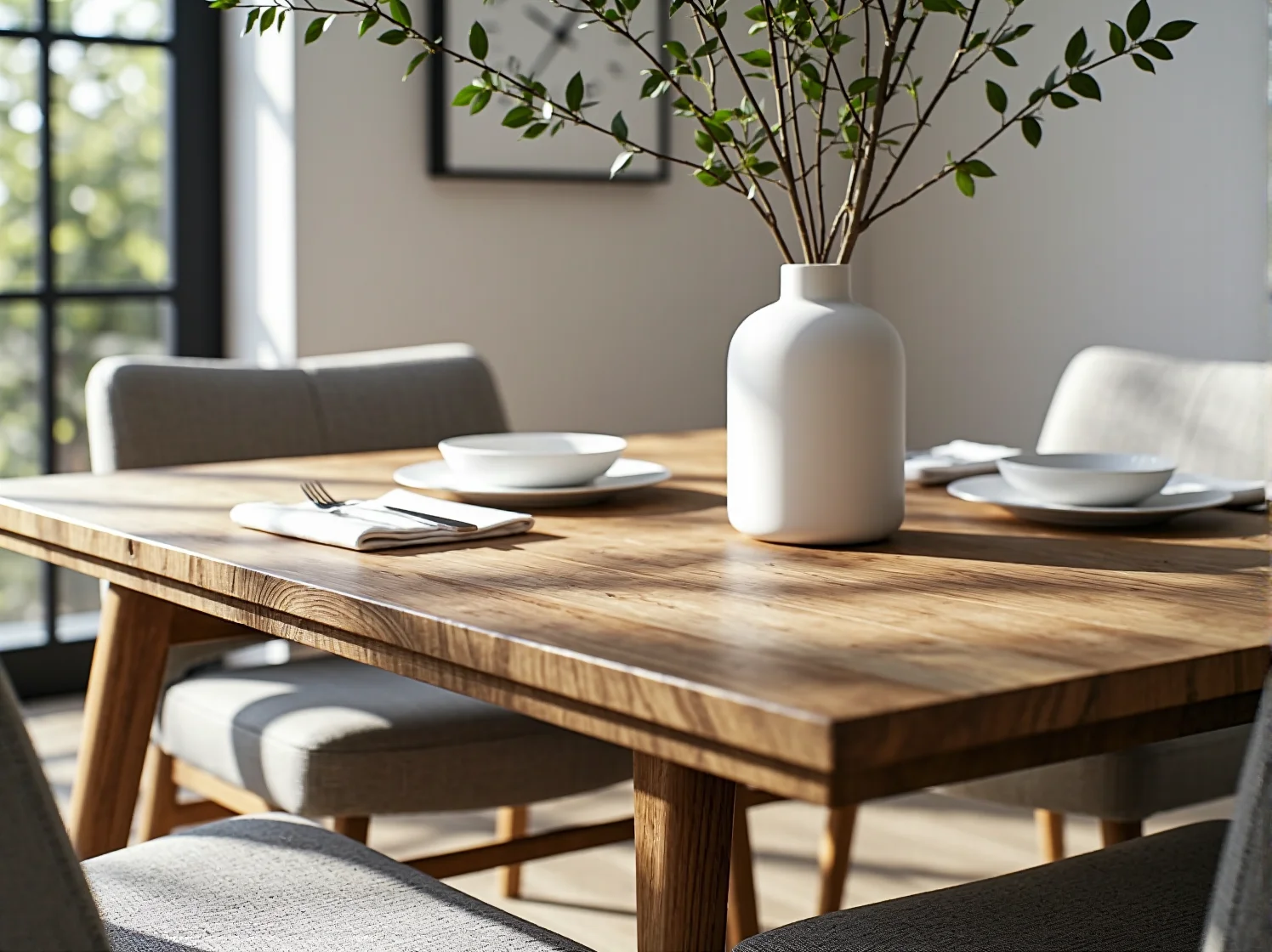 Drewniany stół z białymi krzesłami jako centralny punkt funkcjonalnej jadalni w stylu skandynawskim, idealny do małych mieszk...