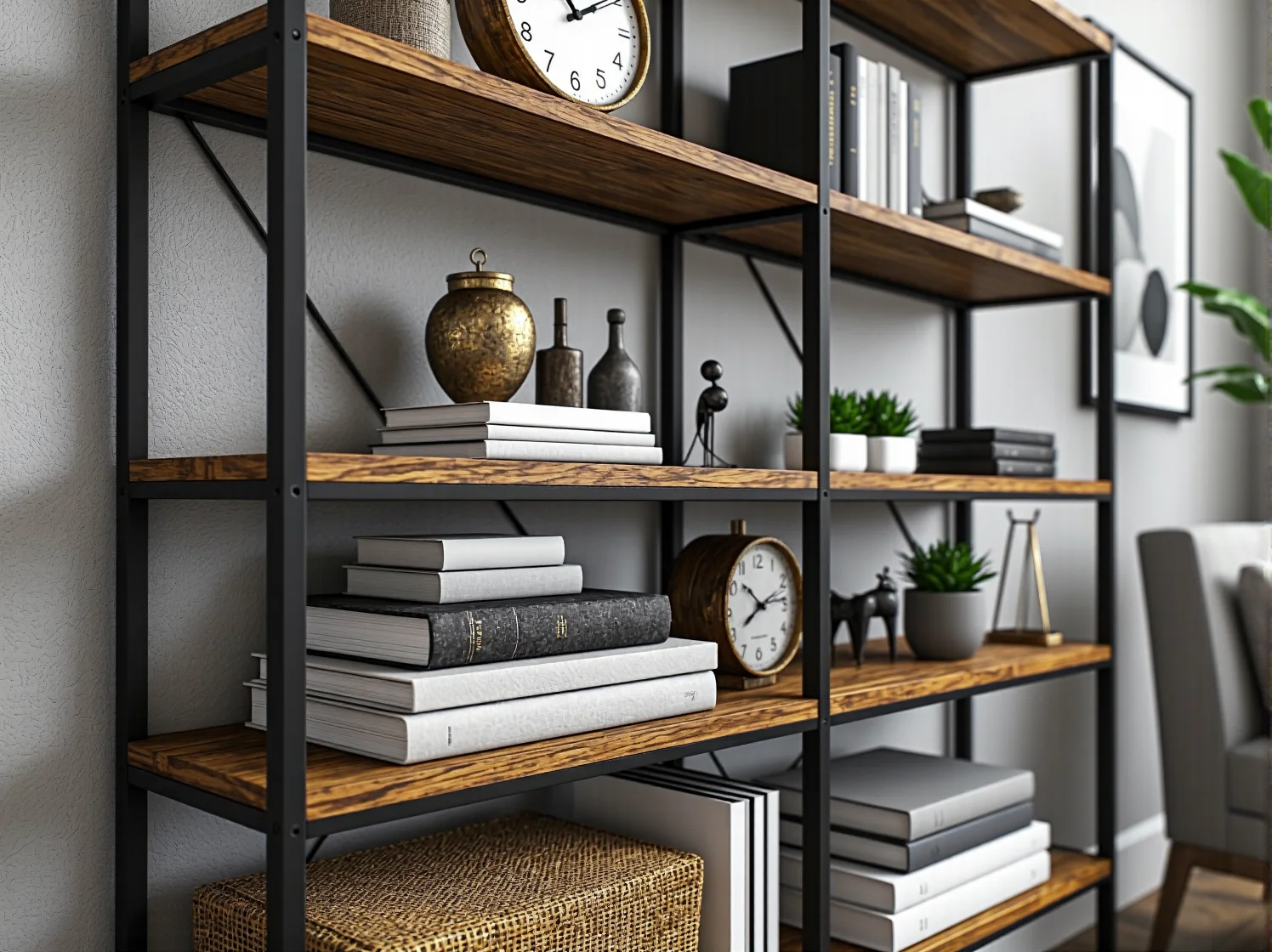 Zbliżenie na surową, metalową ramę regału industrialnego, podkreślającą jego loftowy charakter.