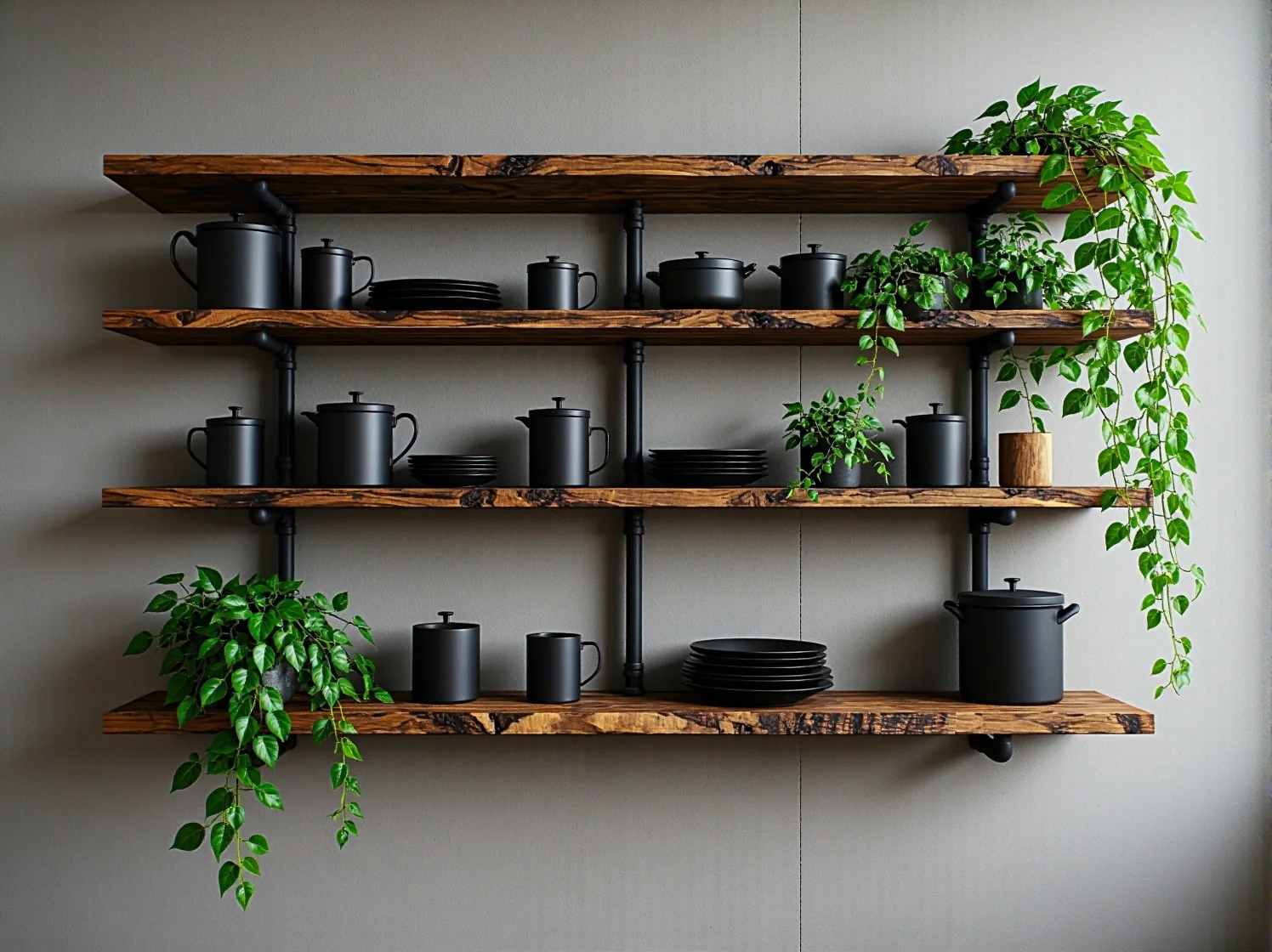 Drewniane blaty i metalowe regały w surowej kuchni z pnącymi roślinami.