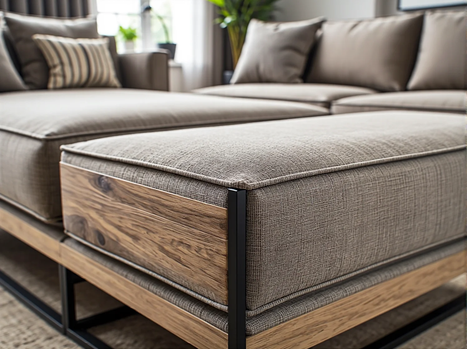 Przytulna sypialnia skandynawska z loftowym regałem i metalową ramą łóżka w chłodnych odcieniach.