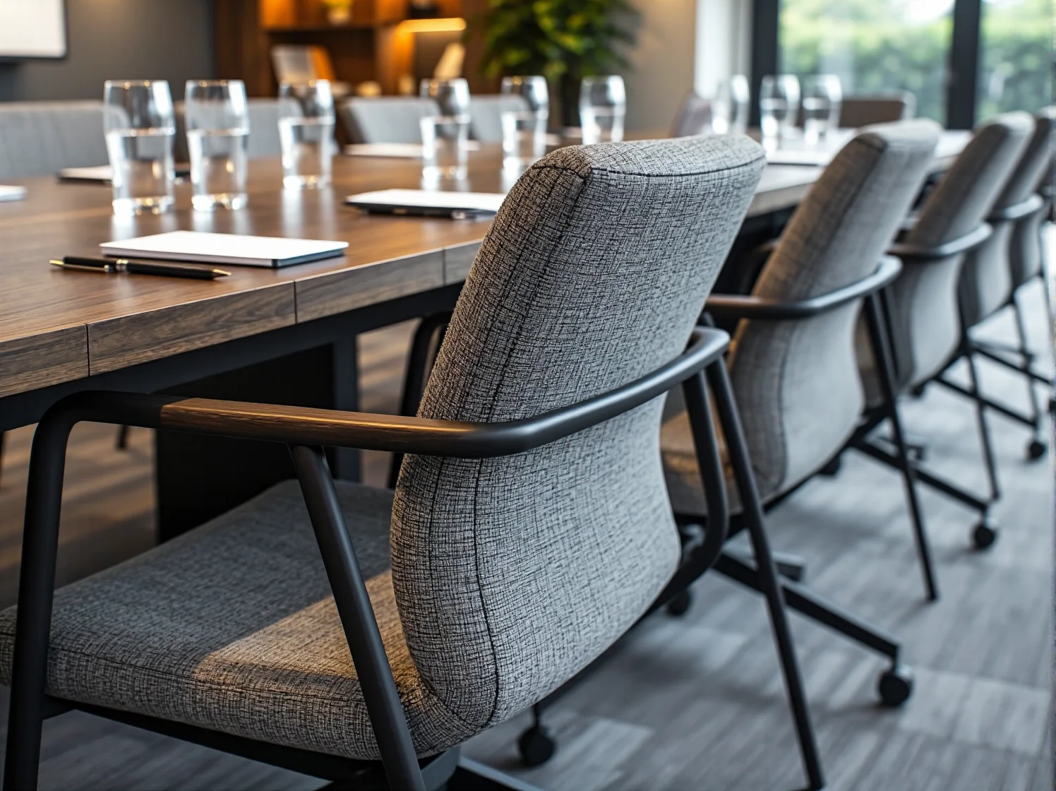 Minimalistyczne krzesła sztaplowane w centrum biznesowym