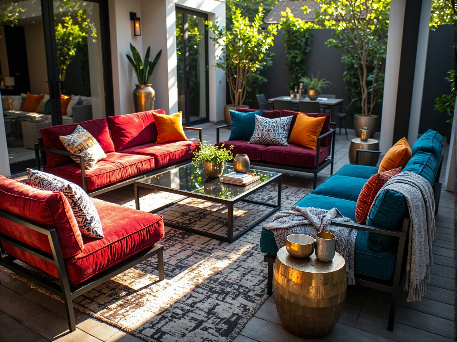 Zestaw wypoczynkowy z sofami w kolorze czerwonym i morskim na metalowych ramach