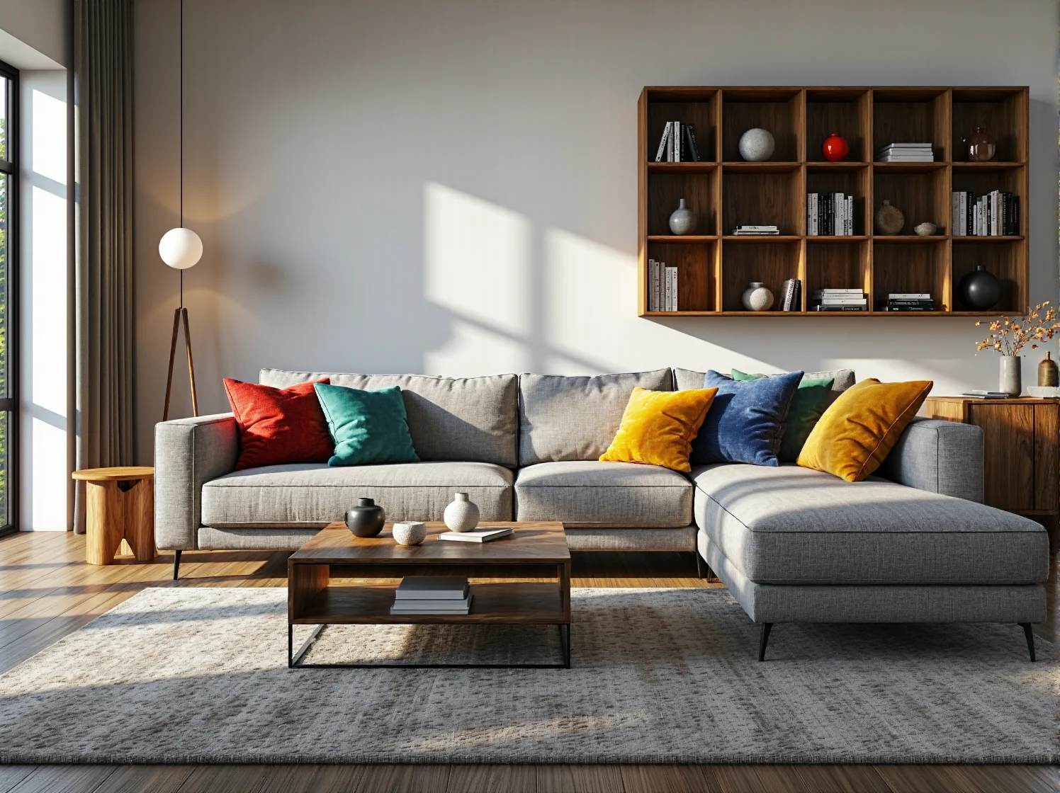 Narożnik tapicerowany szary z kolorowymi poduszkami na metalowych nóżkach