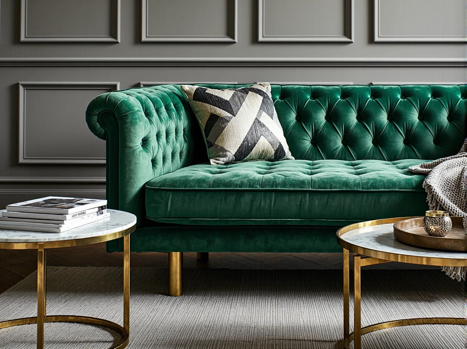 Welurowa sofa modułowa ze złotymi nóżkami i pikowanym oparciem.