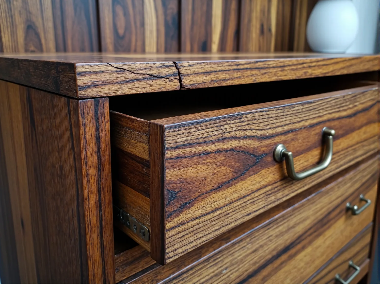 Szlifowanie i wykończenie naprawionego pęknięcia w drewnianym meblu.