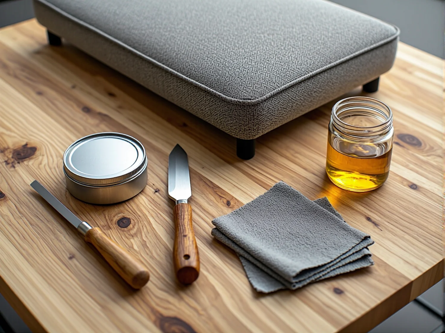 Wypełnianie pęknięcia w drewnianym stole specjalną masą szpachlową.