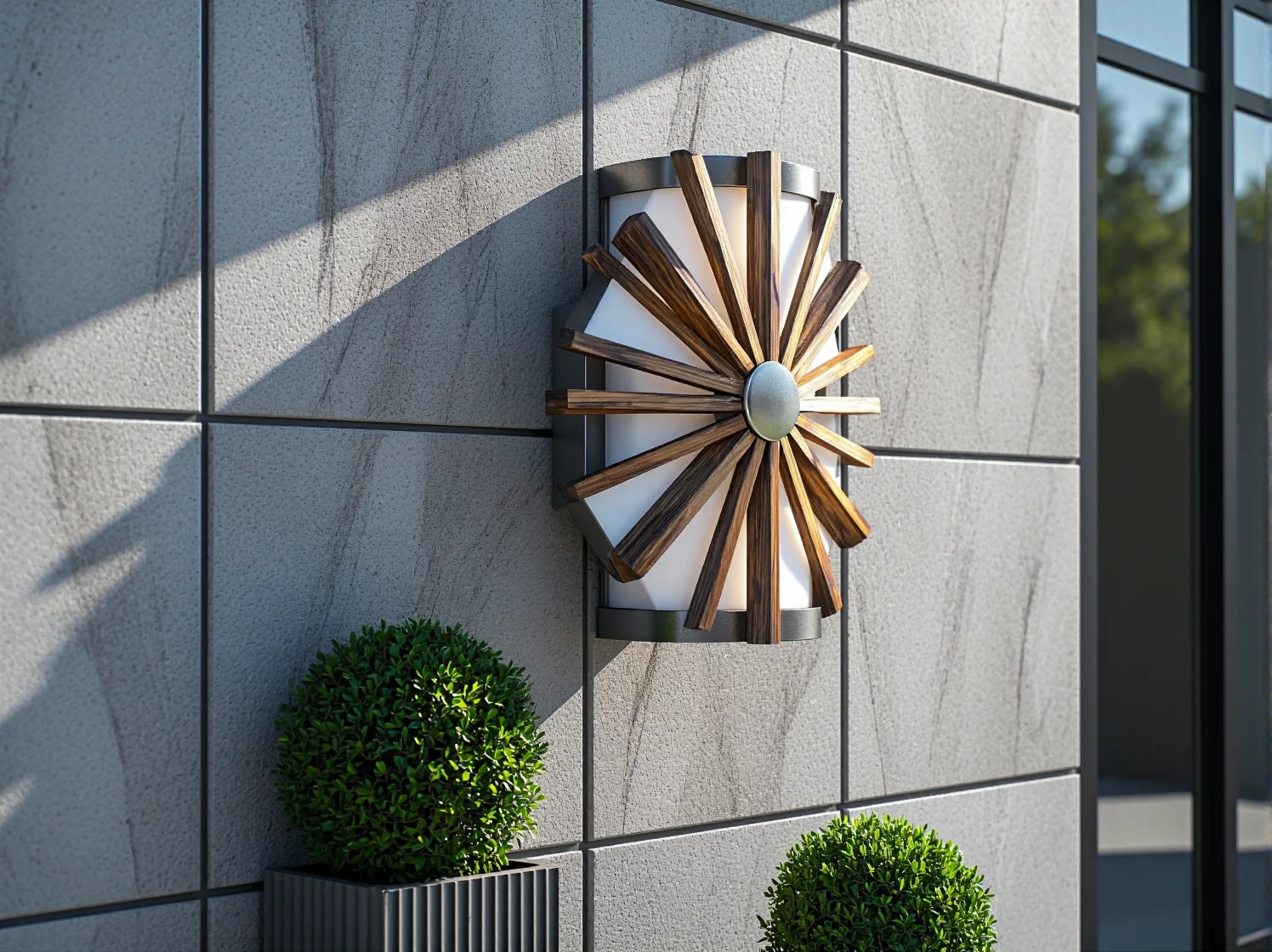 Geometryczna mosiężna lampa zewnętrzna na fasadzie budynku art deco.