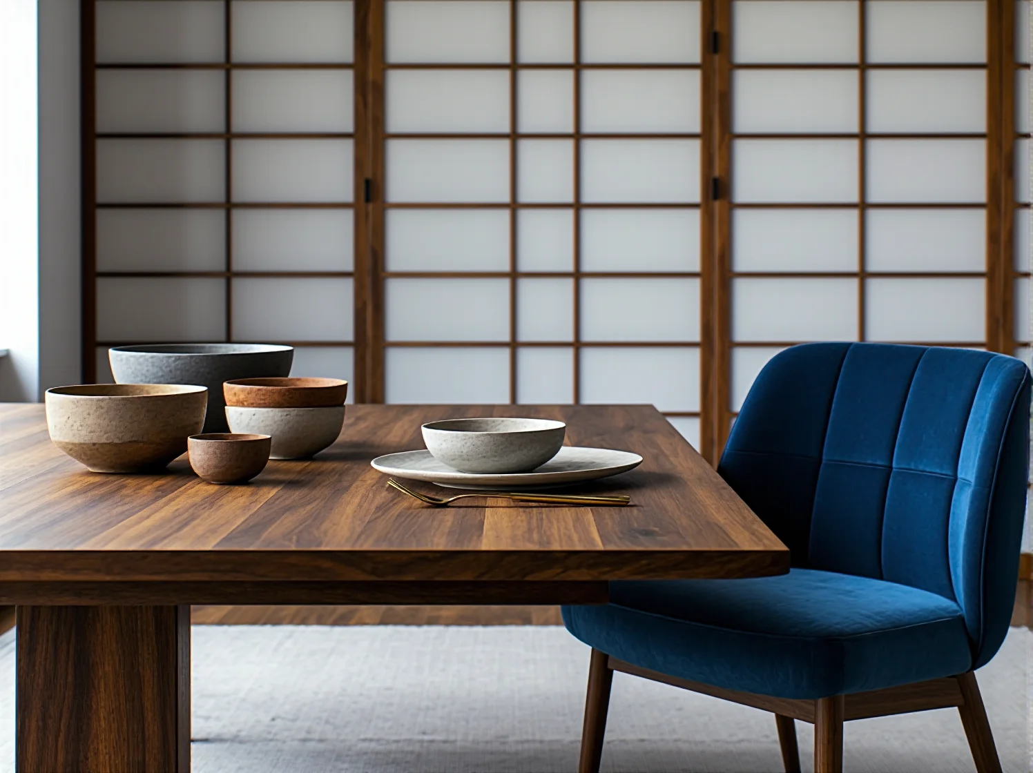 Złote akcenty glamour połączone z minimalistycznymi meblami japandi.